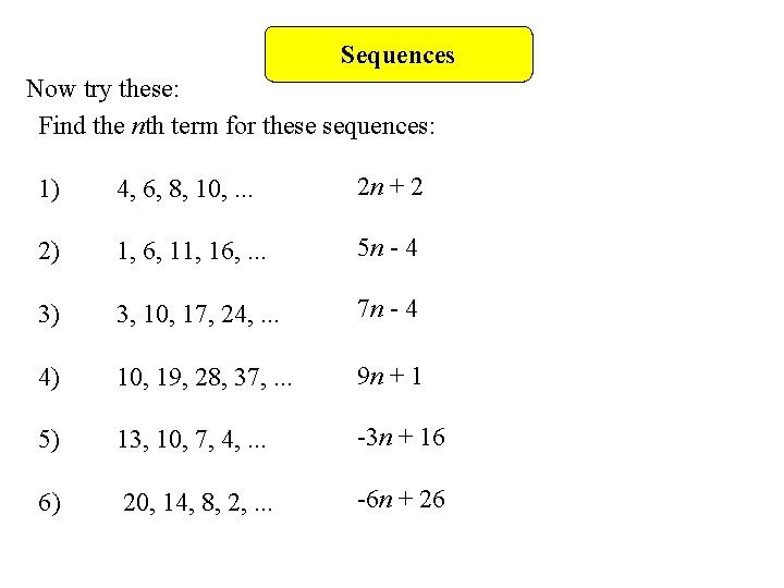 Sequences Now try these: Find the nth term for these sequences: 1) 4, 6,