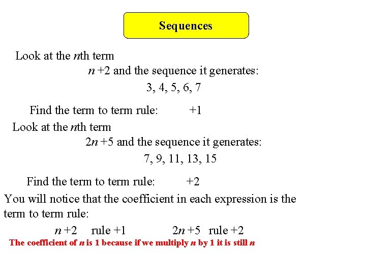 Sequences Look at the nth term n +2 and the sequence it generates: 3,