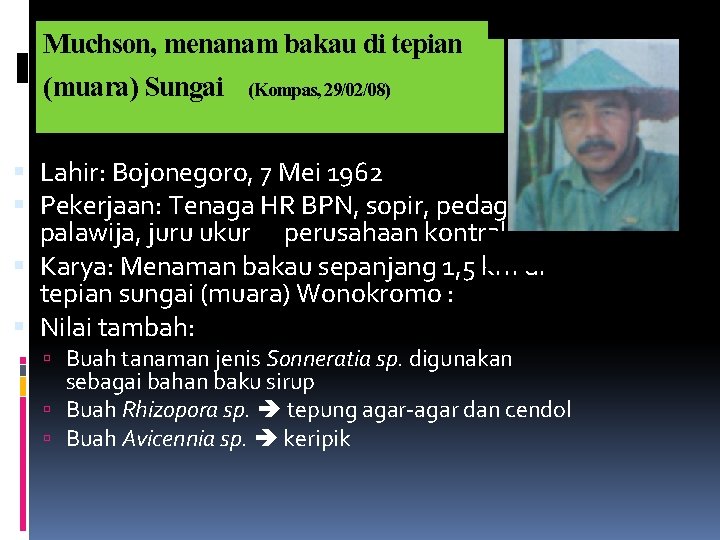 Muchson, menanam bakau di tepian (muara) Sungai (Kompas, 29/02/08) Lahir: Bojonegoro, 7 Mei 1962