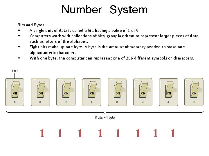 Number System Bits and Bytes • A single unit of data is called a