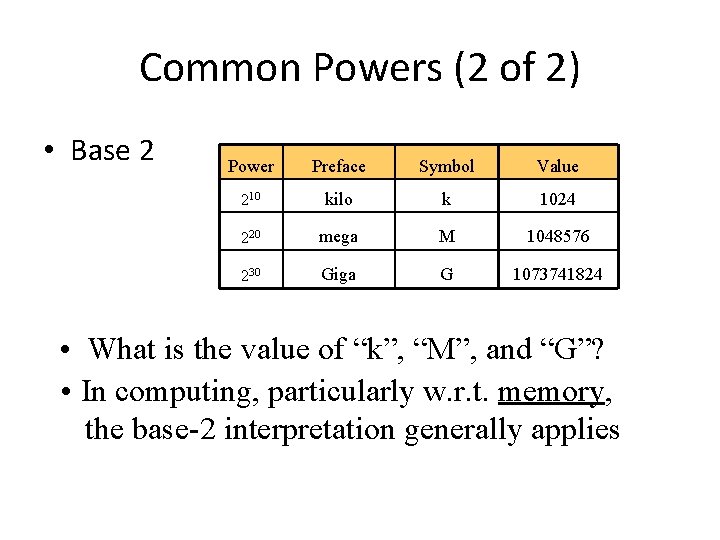 Common Powers (2 of 2) • Base 2 Power Preface Symbol Value 210 kilo