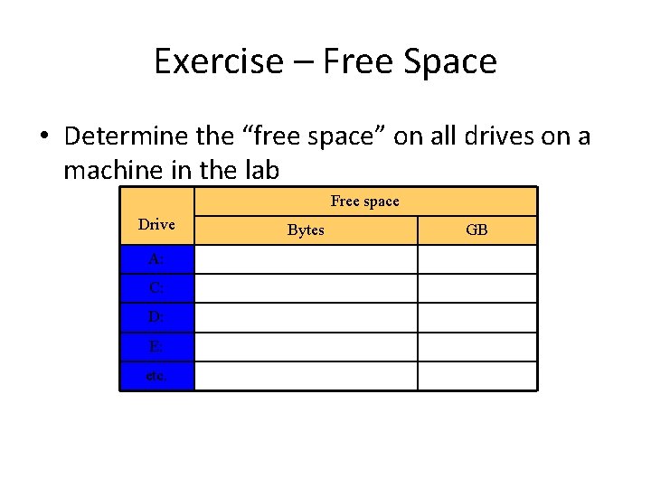 Exercise – Free Space • Determine the “free space” on all drives on a