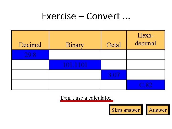 Exercise – Convert. . . Decimal 29. 8 Binary Octal Hexadecimal 101. 1101 3.
