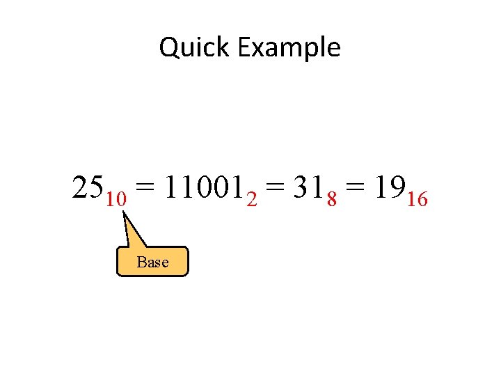 Quick Example 2510 = 110012 = 318 = 1916 Base 