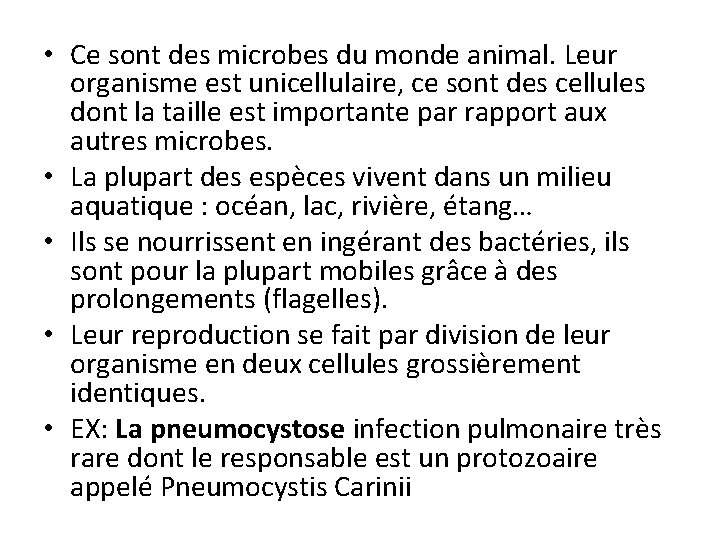  • Ce sont des microbes du monde animal. Leur organisme est unicellulaire, ce