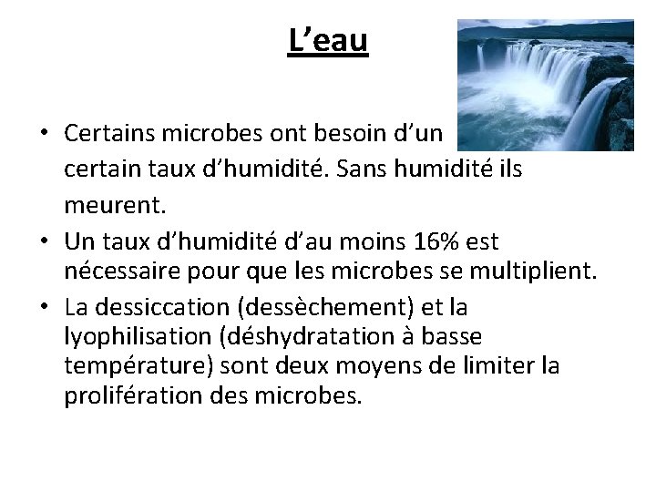 L’eau • Certains microbes ont besoin d’un certain taux d’humidité. Sans humidité ils meurent.