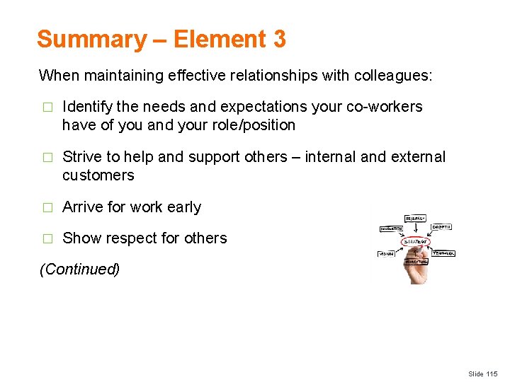 Summary – Element 3 When maintaining effective relationships with colleagues: � Identify the needs