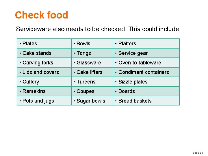 Check food Serviceware also needs to be checked. This could include: • Plates •