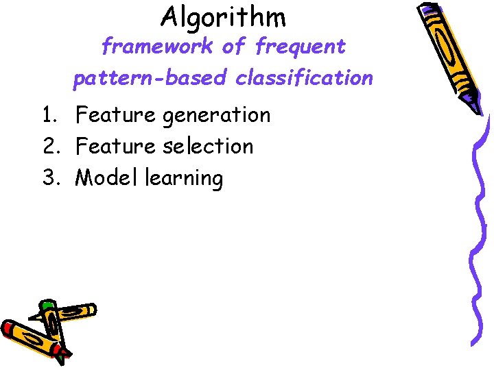 Algorithm framework of frequent pattern-based classification 1. Feature generation 2. Feature selection 3. Model Algorithm framework of frequent pattern-based classification 1. Feature generation 2. Feature selection 3. Model