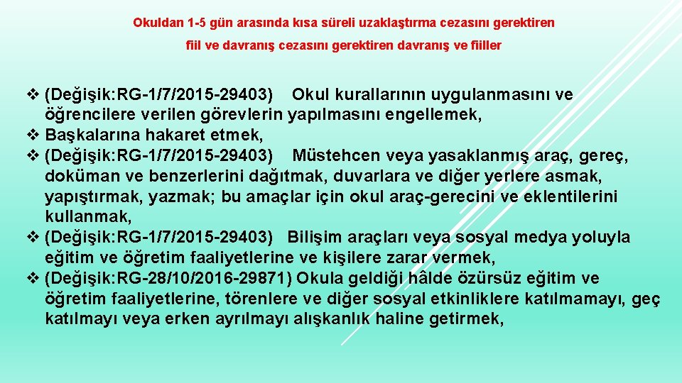 Okuldan 1 -5 gün arasında kısa süreli uzaklaştırma cezasını gerektiren fiil ve davranış cezasını