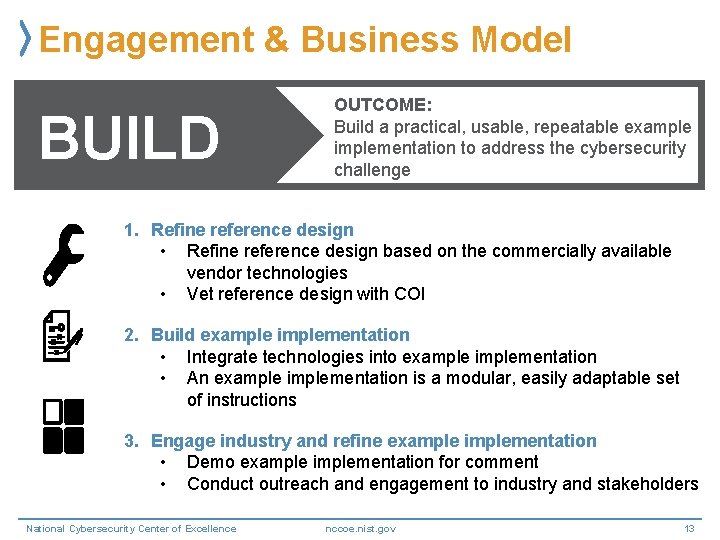 Engagement & Business Model BUILD OUTCOME: Build a practical, usable, repeatable example implementation to