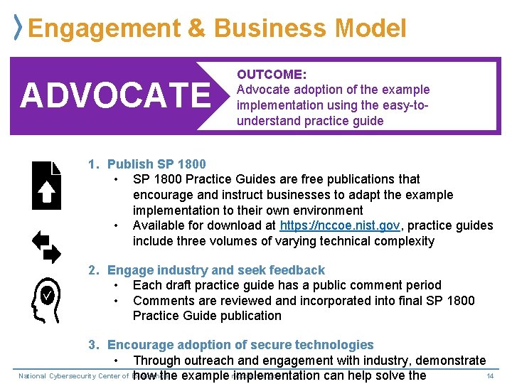 Engagement & Business Model ADVOCATE OUTCOME: Advocate adoption of the example implementation using the