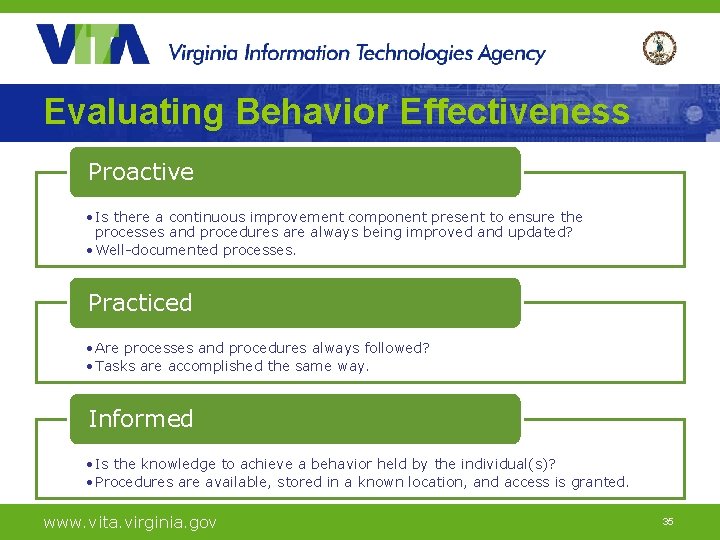 Evaluating Behavior Effectiveness Proactive • Is there a continuous improvement component present to ensure