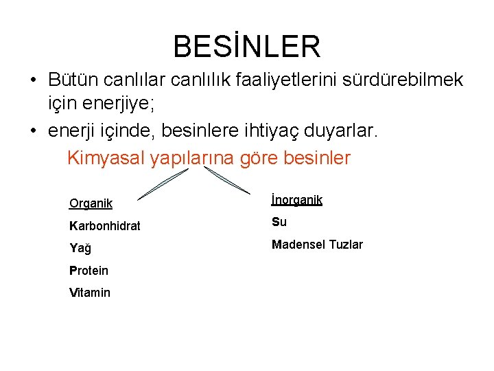 BESİNLER • Bütün canlılar canlılık faaliyetlerini sürdürebilmek için enerjiye; • enerji içinde, besinlere ihtiyaç