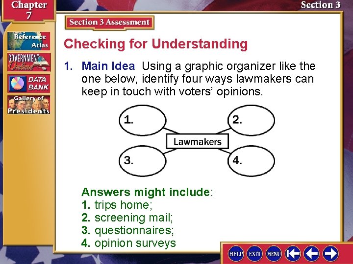 Checking for Understanding 1. Main Idea Using a graphic organizer like the one below,