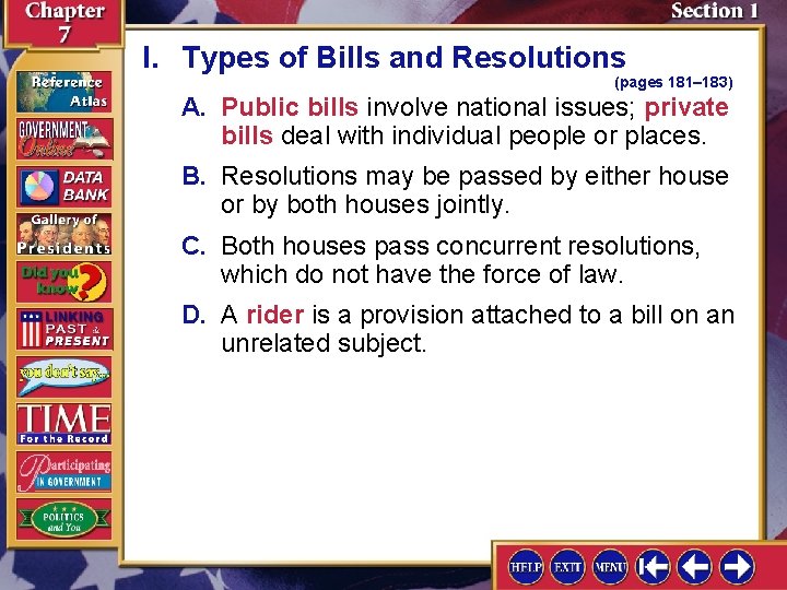 I. Types of Bills and Resolutions (pages 181– 183) A. Public bills involve national