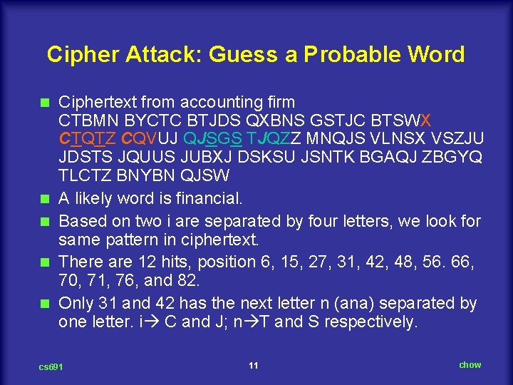 Cipher Attack: Guess a Probable Word n n n Ciphertext from accounting firm CTBMN