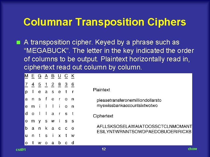 Columnar Transposition Ciphers n A transposition cipher. Keyed by a phrase such as “MEGABUCK”.