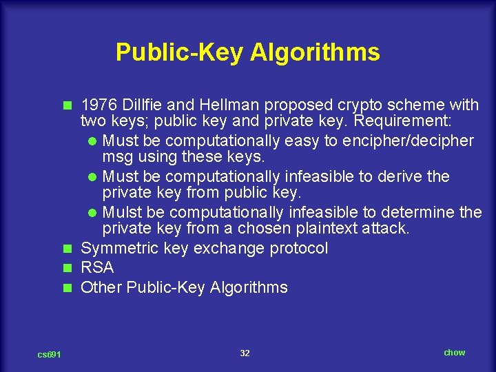 Public-Key Algorithms 1976 Dillfie and Hellman proposed crypto scheme with two keys; public key