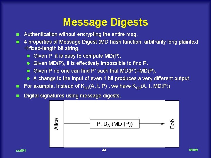 Message Digests Authentication without encrypting the entire msg. n 4 properties of Message Digest