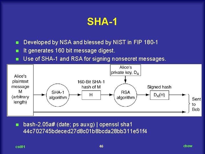 SHA-1 Developed by NSA and blessed by NIST in FIP 180 1 n It