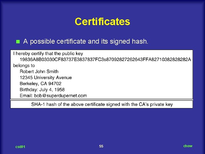 Certificates n A possible certificate and its signed hash. cs 691 55 chow 
