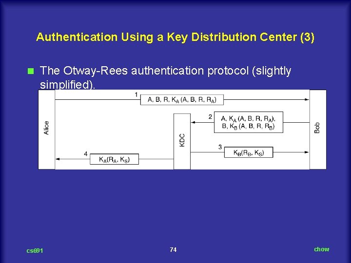 Authentication Using a Key Distribution Center (3) n The Otway Rees authentication protocol (slightly