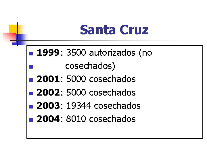 Santa Cruz n n n 1999: 3500 autorizados (no cosechados) 2001: 5000 cosechados 2002: