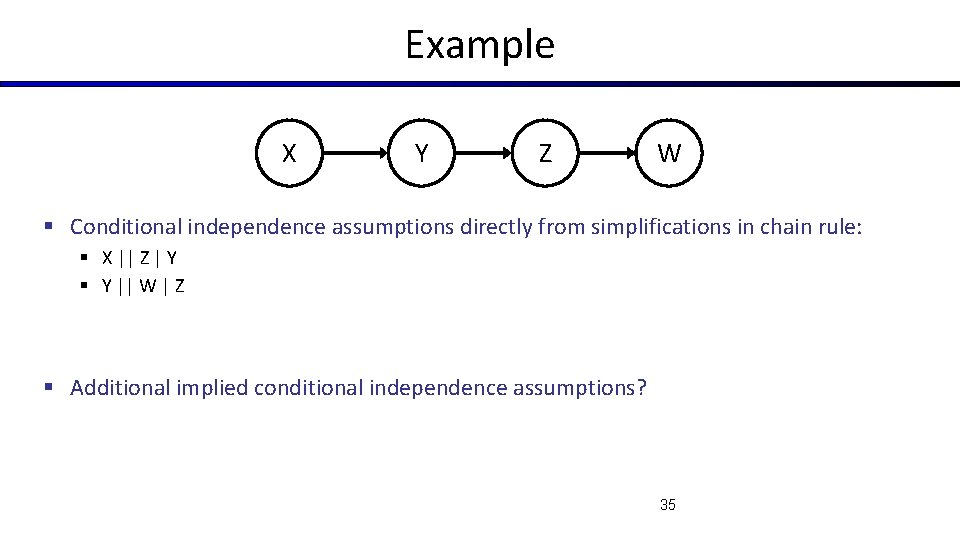 Example X Y Z W § Conditional independence assumptions directly from simplifications in chain