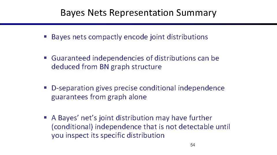 Bayes Nets Representation Summary § Bayes nets compactly encode joint distributions § Guaranteed independencies