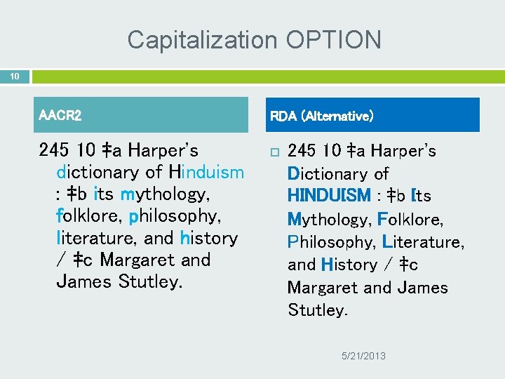 Capitalization OPTION 10 AACR 2 245 10 ‡a Harper's dictionary of Hinduism : ‡b