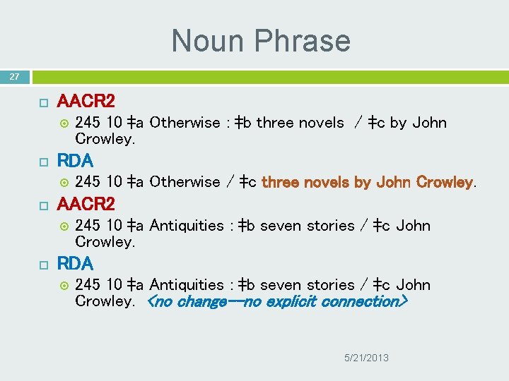 Noun Phrase 27 AACR 2 RDA 245 10 ‡a Otherwise / ‡c three novels