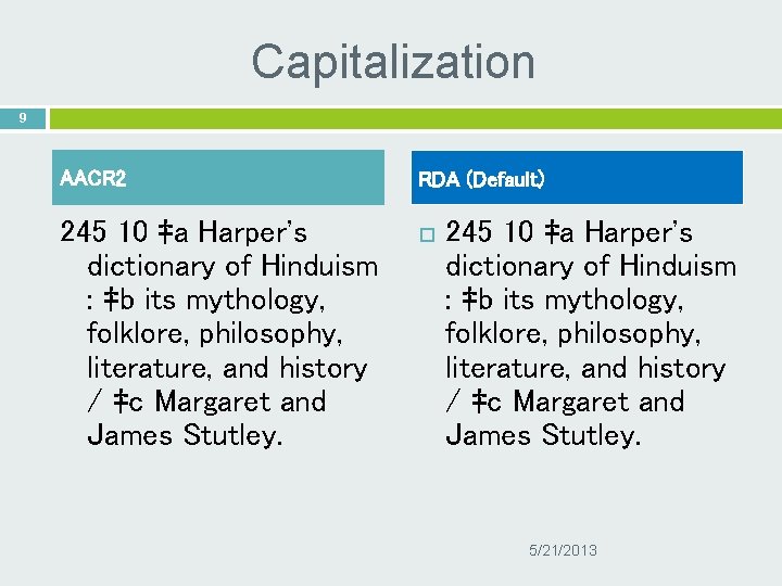 Capitalization 9 AACR 2 RDA (Default) 245 10 ‡a Harper's dictionary of Hinduism :