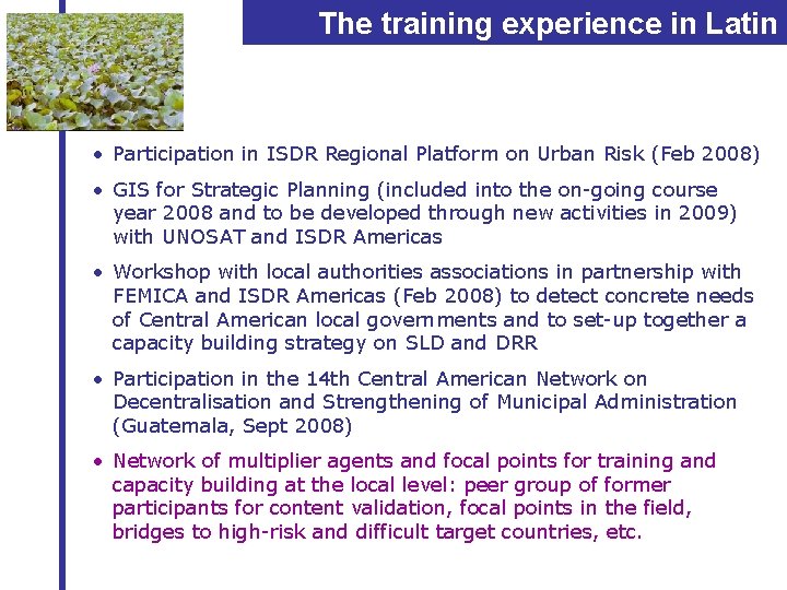 The training experience in Latin American • Participation in ISDR Regional Platform on Urban