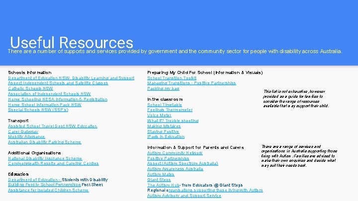 Useful Resources There a number of supports and services provided by government and the