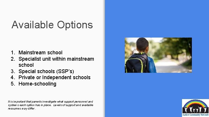 Available Options 1. Mainstream school 2. Specialist unit within mainstream school 3. Special schools