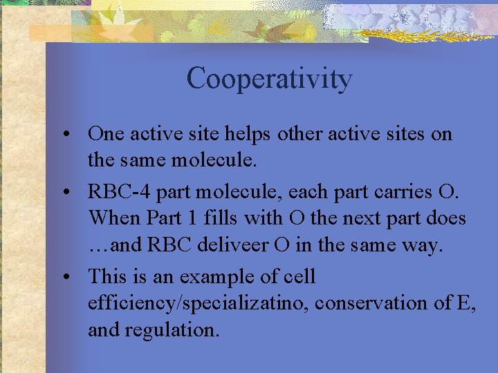 Cooperativity • One active site helps other active sites on the same molecule. •