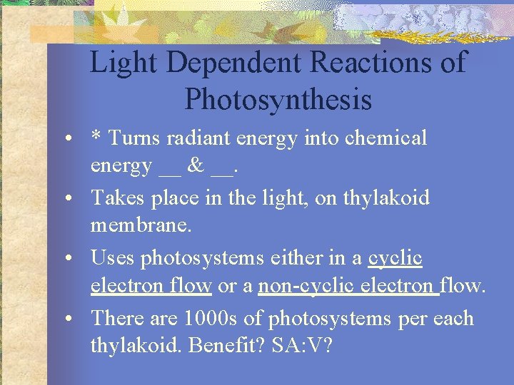Light Dependent Reactions of Photosynthesis • * Turns radiant energy into chemical energy __