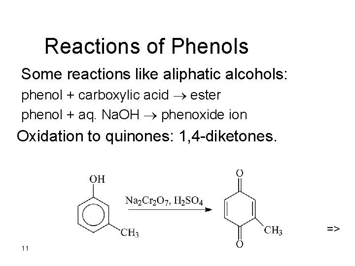 Reactions of Phenols Some reactions like aliphatic alcohols: phenol + carboxylic acid ester phenol