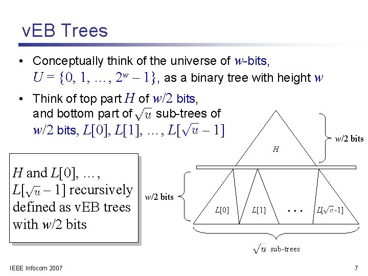 v. EB Trees • Conceptually think of the universe of w-bits, U = {0,