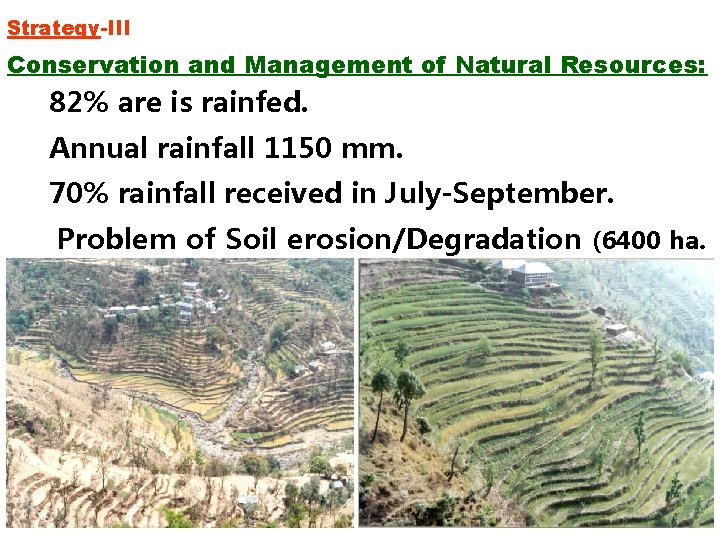 Strategy-III Conservation and Management of Natural Resources: 82% are is rainfed. Annual rainfall 1150