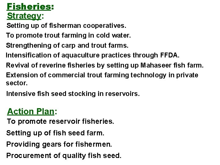 Fisheries: Strategy: Setting up of fisherman cooperatives. To promote trout farming in cold water.