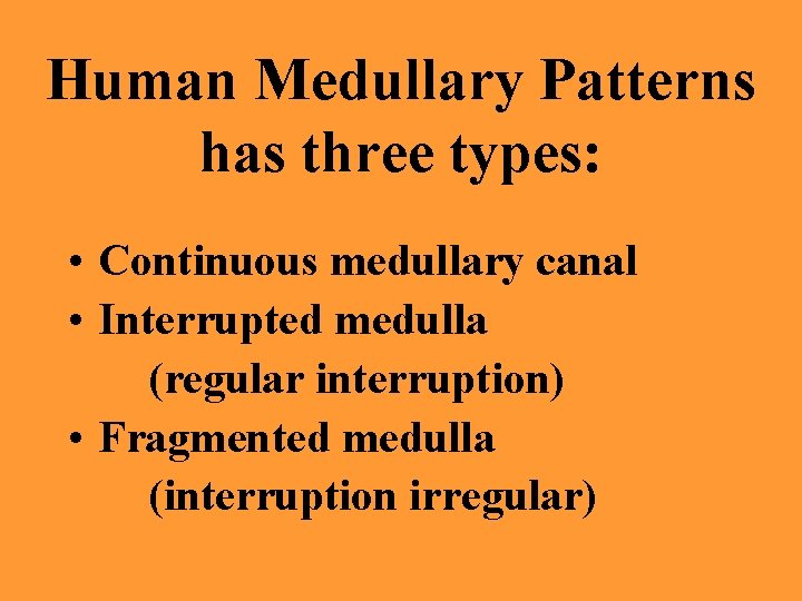 Human Medullary Patterns has three types: • Continuous medullary canal • Interrupted medulla (regular