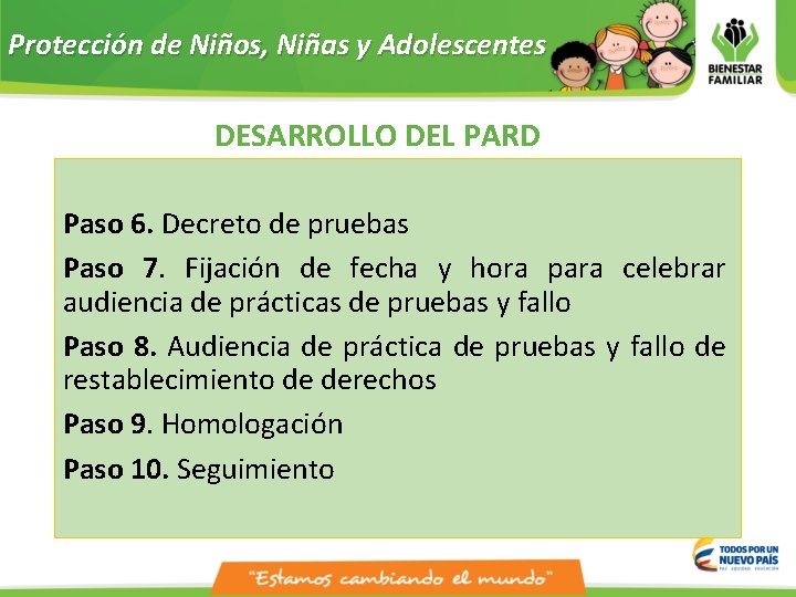 Protección de Niños, Niñas y Adolescentes DESARROLLO DEL PARD Paso 6. Decreto de pruebas