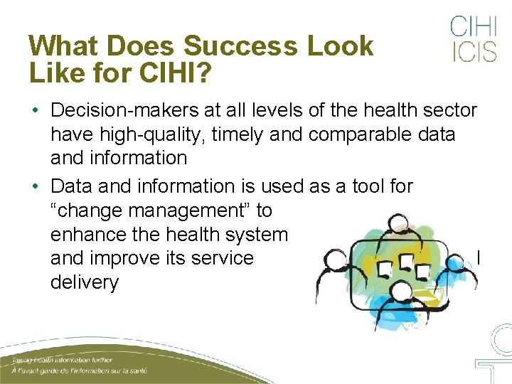 What Does Success Look Like for CIHI? • Decision-makers at all levels of the