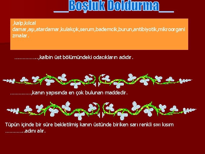 , kalp, kılcal damar, aşı, atardamar, kulakçık, serum, bademcik, burun, antibiyotik, mikroorgani zmalar. …………….