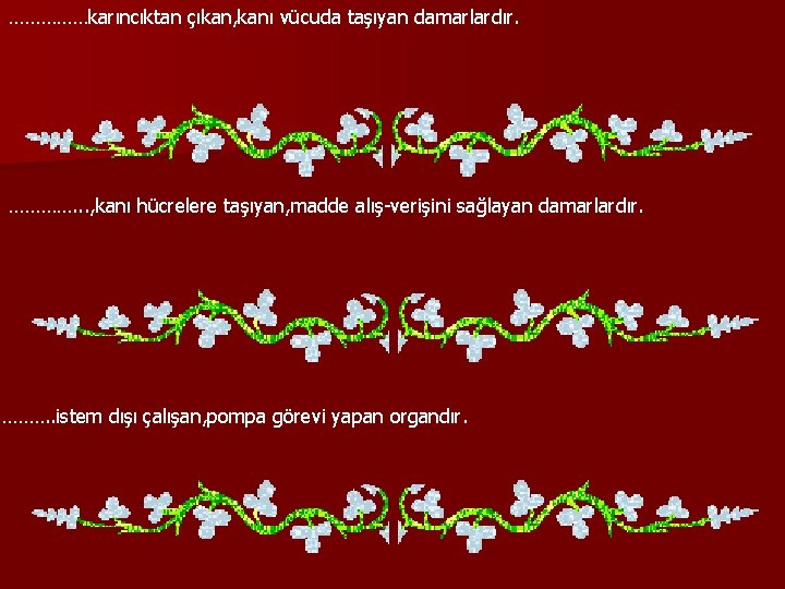 ……………karıncıktan çıkan, kanı vücuda taşıyan damarlardır. …………. . . , kanı hücrelere taşıyan, madde