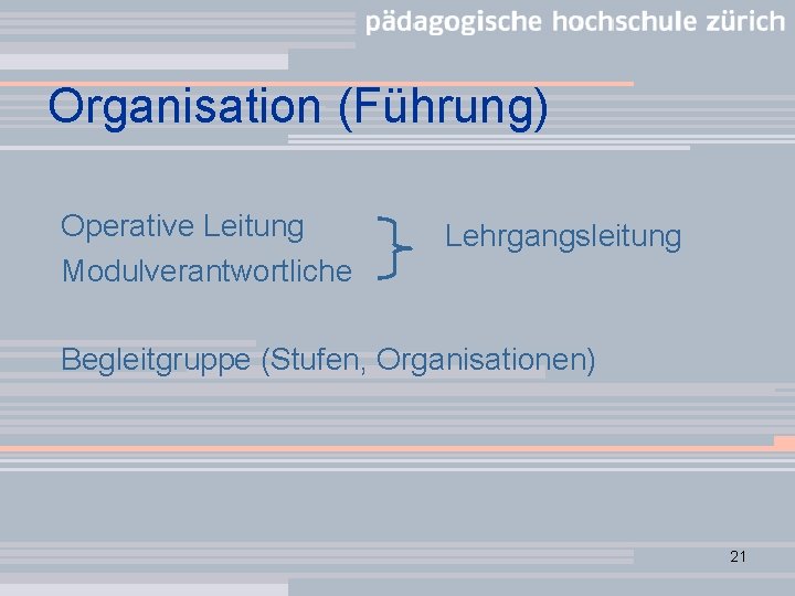 Organisation (Führung) Operative Leitung Modulverantwortliche Lehrgangsleitung Begleitgruppe (Stufen, Organisationen) 21 