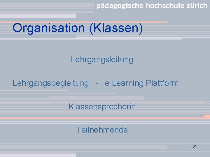 Organisation (Klassen) Lehrgangsleitung Lehrgangsbegleitung - e Learning Plattform Klassensprecherin Teilnehmende 22 