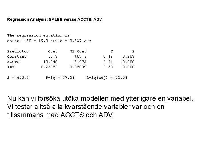 Regression Analysis: SALES versus ACCTS, ADV The regression equation is SALES = 50 +